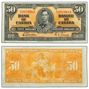 SOLD $50 1937 Bank of Canada Note Gordon-Towers B/H Prefix BC-26b - EF