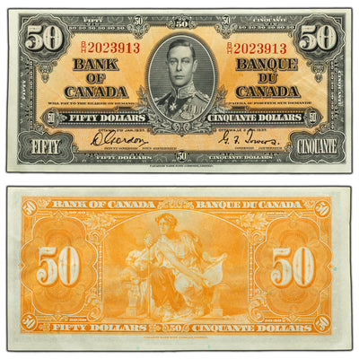 SOLD $50 1937 Bank of Canada Note Gordon-Towers B/H Prefix BC-26b - EF