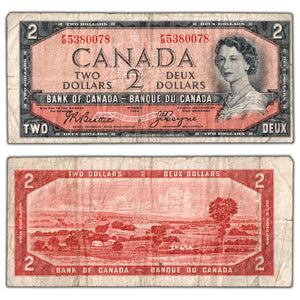 SOLD $2 1954 Bank of Canada Note Devil Face F/B Prefix BC-30b - Hole