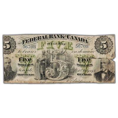 SOLD $5 1874 Federal Bank of Canada Chartered Note #300-10-04 - Heavily Trimmed/Tear