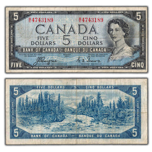 SOLD $5 1954 Bank of Canada Note Devil Face Coyne-Towers B/C Prefix BC-31a - F/VF