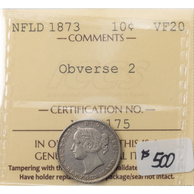 SOLD Newfoundland 1873 10 Cents Dime Silver Coin - ICCS VF-20