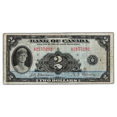 SOLD $2 1935 Bank of Canada Note English Text BC-3 - Lightly Faded Back