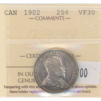 Canada 1902 25 Cents Quarter Silver Coin - ICCS VF-30