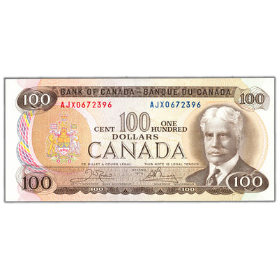 $100 1975 Bank of Canada Note AJX Replacement Prefix BC-52bA - UNC