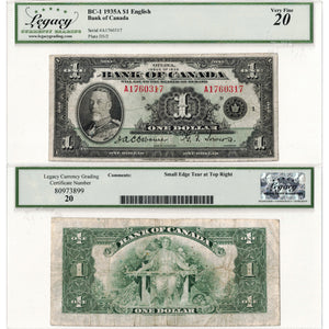 $1 1935 Bank of Canada Note English Text BC-1 - Legacy VF-20
