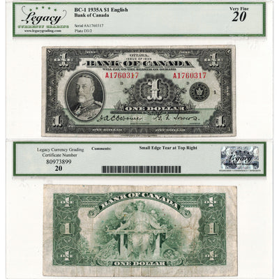 $1 1935 Bank of Canada Note English Text BC-1 - Legacy VF-20