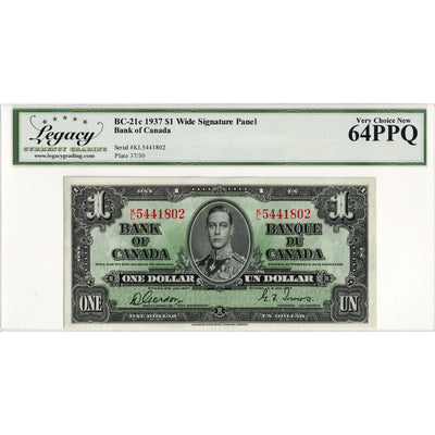 $1 1937 Bank of Canada Note Gordon-Towers K/L Prefix BC-21c - Legacy Ch UNC-64 PPQ