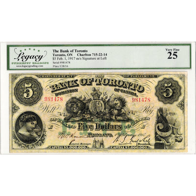 $5 1917 The Bank of Toronto Canada Chartered Note #715-22-14 - Legacy VF-25