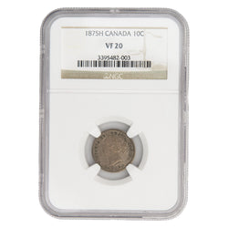 Canada 1875-H 10 Cents Dime Silver Coin - NGC VF-20