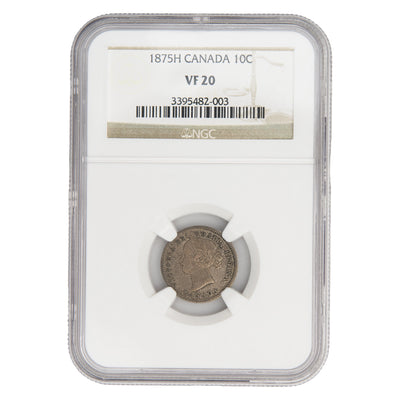 Canada 1875-H 10 Cents Dime Silver Coin - NGC VF-20