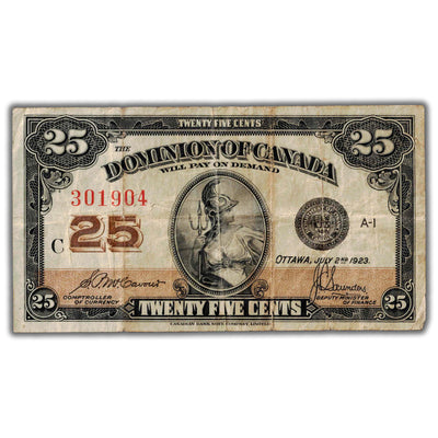 25 Cents 1923 Dominion of Canada Shinplaster Note DC-24c - F/VF