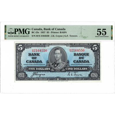 $5 1937 Bank of Canada Note Coyne-Towers H/S Prefix BC-23c - PMG AU-55