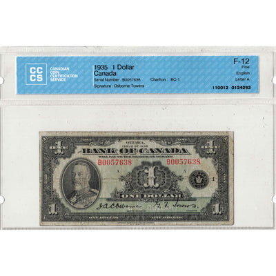 $1 1935 Bank of Canada Note English Text Letter B BC-1 - CCCS F-12