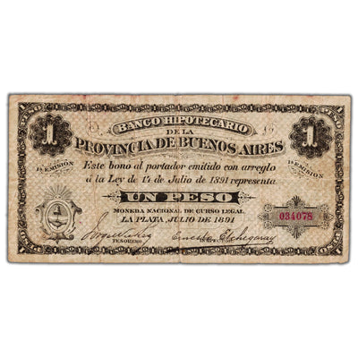Argentina Banco Hipotecario 1891 1 One Peso Note P #S615 - Circulated
