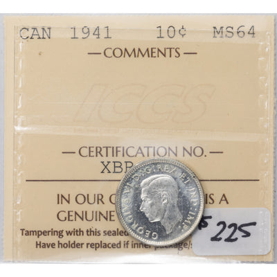 SOLD Canada 1941 10 Ten Cents Silver Coin - ICCS MS-64