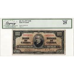 $100 1937 Bank of Canada Note Osborne Signature BC-27a - Legacy VF-25