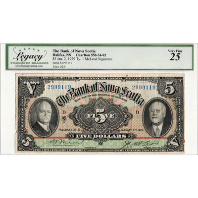 $5 1929 Bank of Nova Scotia Canada Chartered Note #550-34-02 - Legacy VF-25