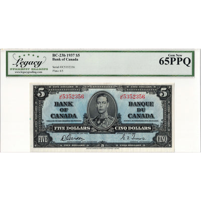 $5 1937 Bank of Canada Note Gordon-Towers J/C Prefix BC-23b - Legacy Gem UNC-65 PPQ