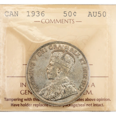 Canada 1936 50 Cents Half Dollar Silver Coin - ICCS AU-50