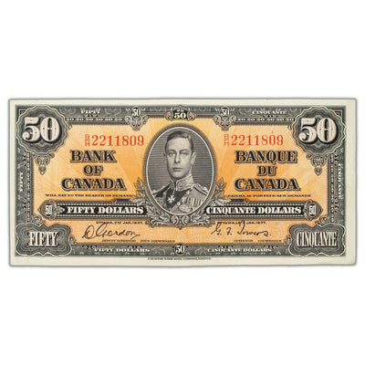 SOLD $50 1937 Bank of Canada Note Gordon-Towers B/H Prefix BC-26b - EF/AU
