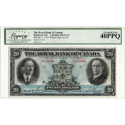 SOLD $20 1927 Royal Bank of Canada Chartered Note #630-14-12 - Legacy EF-40 PPQ