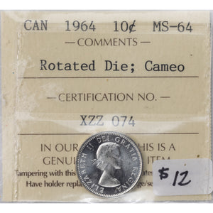 SOLD Canada 1964 10 Ten Cents Silver Coin - ICCS MS-64 Cameo R. Die