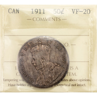 Canada 1911 50 Cents Half Dollar Silver Coin - ICCS VF-20