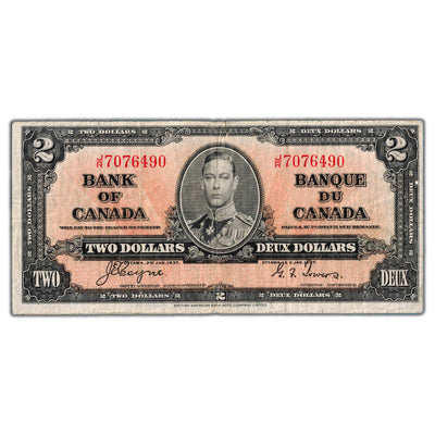 $2 1937 Bank of Canada Note Coyne-Towers J/R Prefix BC-22c - Small Edge Tear