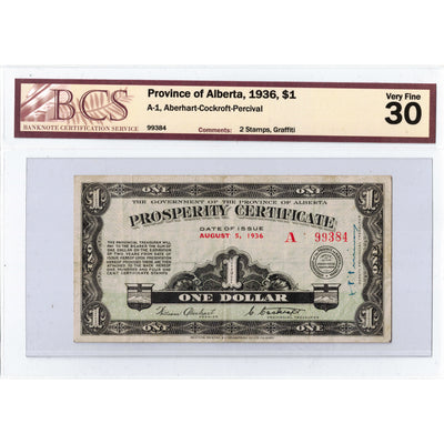 $1 1936 Province of Alberta Prosperity Certificate Note 2 Stamps A-1 - BCS VF-30
