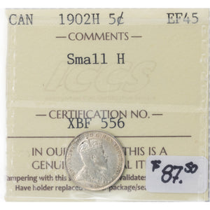 SOLD Canada 1902-H Small H 5 Cents Silver Coin - ICCS EF-45