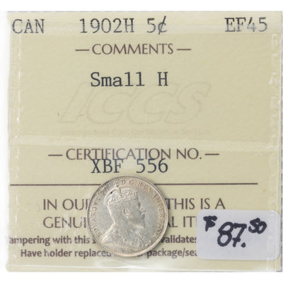 SOLD Canada 1902-H Small H 5 Cents Silver Coin - ICCS EF-45