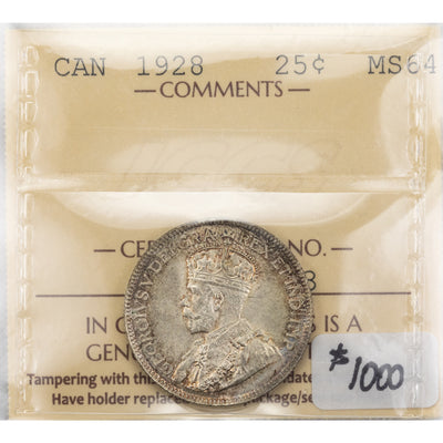 SOLD Canada 1928 25 Cents Quarter Silver Coin - ICCS MS-64