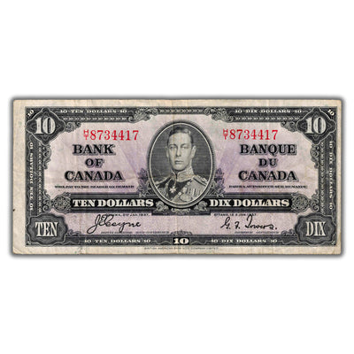 $10 1937 Bank of Canada Note Coyne-Towers H/T Prefix BC-24c - F/VF