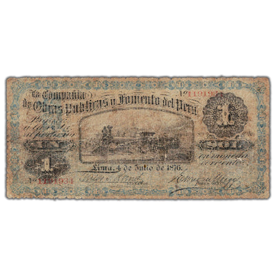 Peru Companie de Obras Publicas Y Fomento Del Peru 1876 1 Sol Note P #S444b - Filler (pinholes)