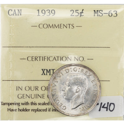 SOLD Canada 1939 25 Cents Quarter Silver Coin - ICCS MS-63