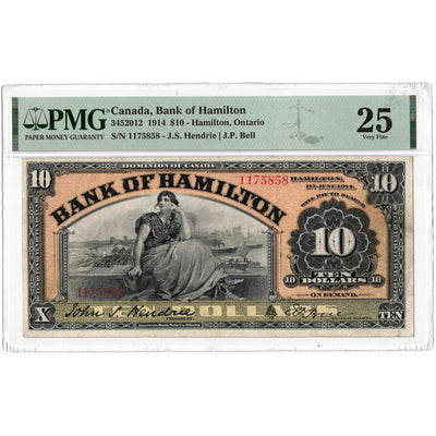 SOLD $10 1914 Bank of Hamilton Canada Chartered Note #345-20-12 - PMG VF-25
