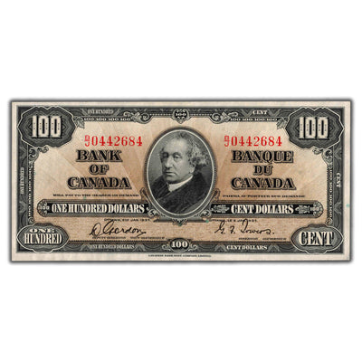 SOLD $100 1937 Bank of Canada Note Gordon-Towers BC-27b - EF (pinholes)