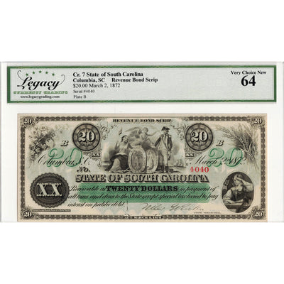United States 1872 $20 State of South Carolina Revenue Bond Scrip Note - Legacy UNC-64