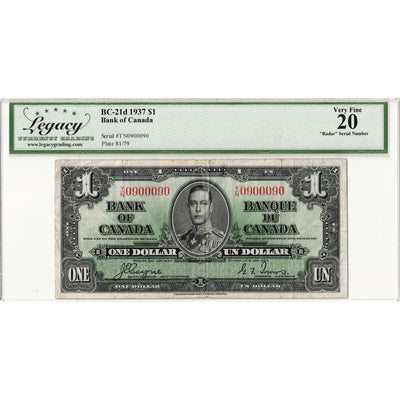 SOLD $1 1937 Bank of Canada Note Radar Serial 0900090 BC-21d - Legacy VF-20