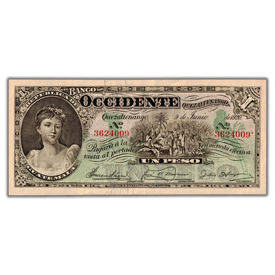 Guatemala El Banco Occidente 1920 1 One Peso Note P #S175b - VF+ (small tear)