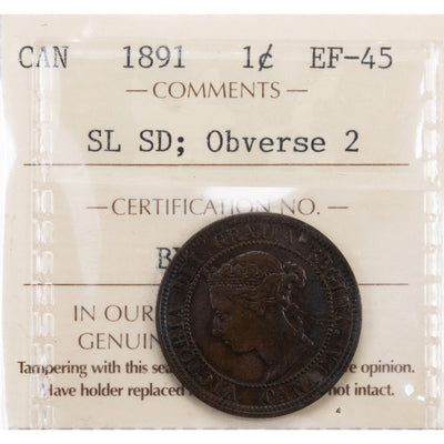 SOLD Canada 1891 SL SD Obv #2 1 Large Cent Coin - ICCS EF-45