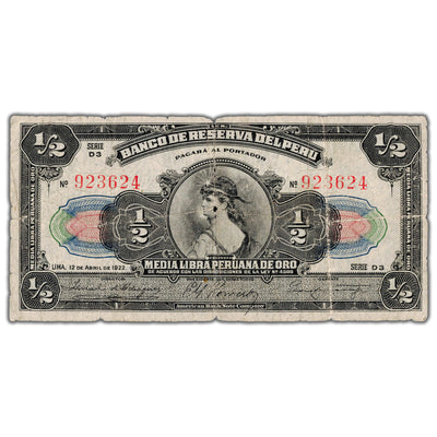 SOLD Peru 1922 (1935) 1/2 Libra Peruana de Oro Overprint Note P #56 - Hole/Tears