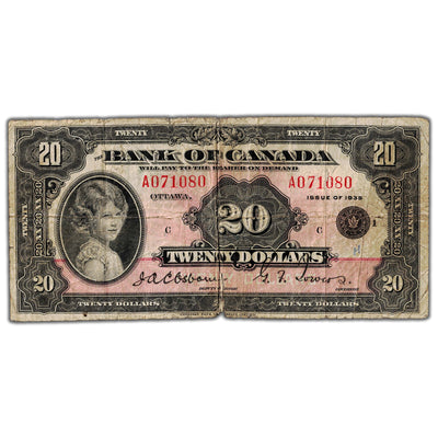 SOLD $20 1935 Bank of Canada Note English Text Small Seal BC-9b - 1.5cm Tar/Holes