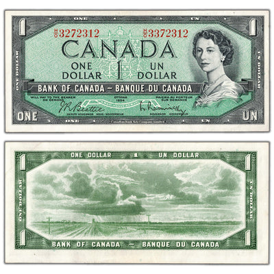 SOLD $1 1954 Bank of Canada Note H/O Prefix Mismatched Serial Error - EF/AU