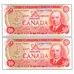 SOLD $50 1975 Bank of Canada Notes EHK Prefix BC-51b - 2 Consecutive Choice UNC