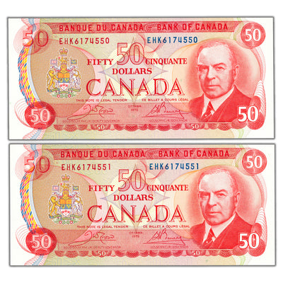 SOLD $50 1975 Bank of Canada Notes EHK Prefix BC-51b - 2 Consecutive Choice UNC