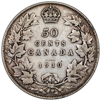 Canada 1910 Edwardian Leaves 50 Cents Half Dollar Silver Coin - Very Fine