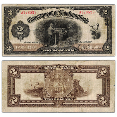 SOLD $2 1920 Government of Newfoundland Note NF-13b - F/VF