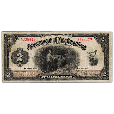 SOLD $2 1920 Government of Newfoundland Note NF-13b - F/VF